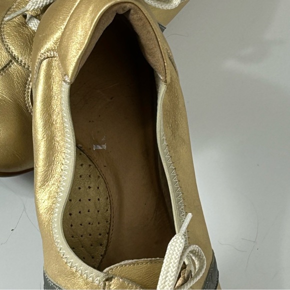 Sesto Meucci Leather Metallic Gold Lace Up Sneakers with Dark Stripes - Picture 8 of 16